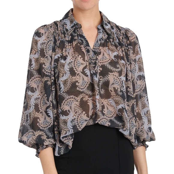 🐾Cinq à Sept Black and Blue plume print raven blue multi size S NWT - Picture 2 of 11